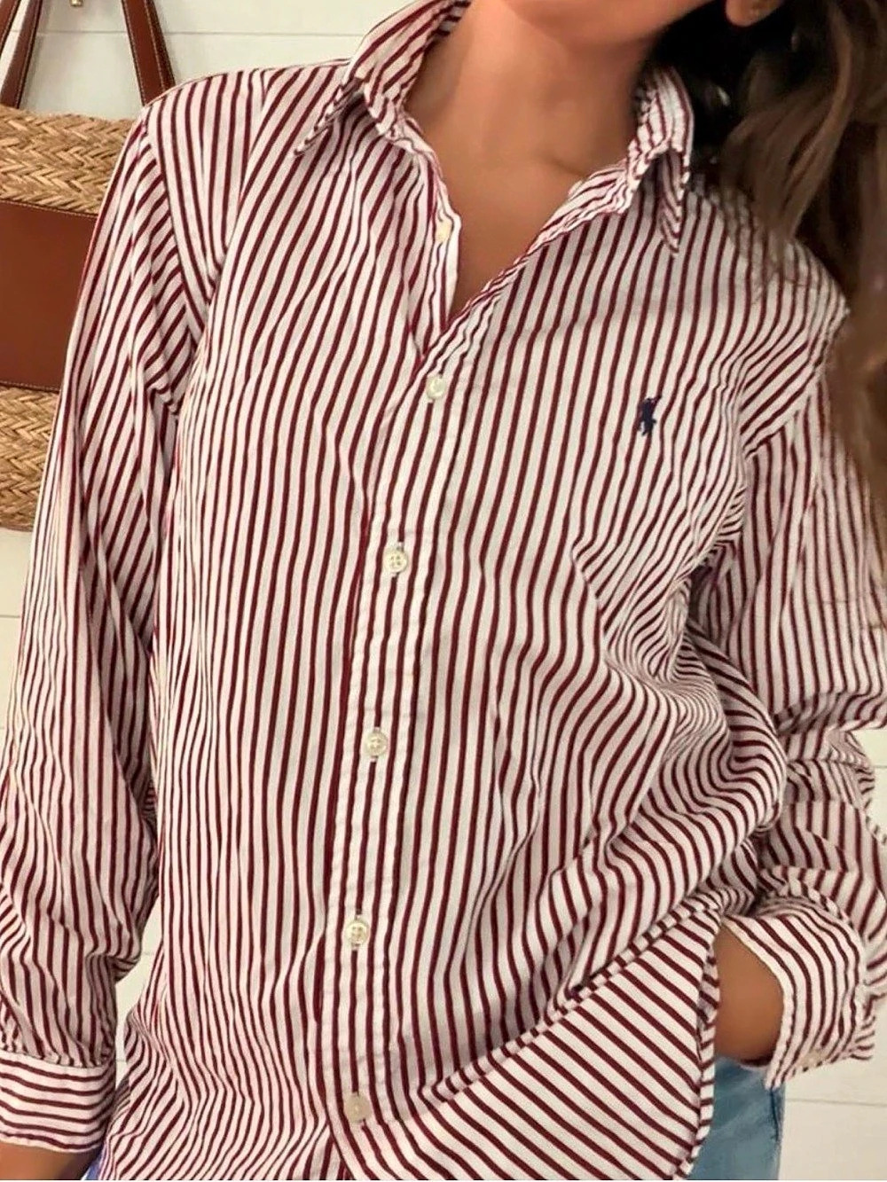 Polo Ralph Lauren Burgundy Maroon Stripe Oxford Shirt Men’s Large Classic Fit - Picture 2 of 7